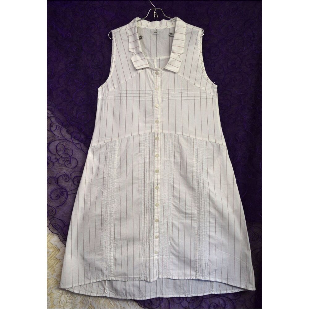 Tulip Womens Sz Med 100% Cotton White Red Pinstriped Lagenlook Collared Dress